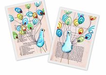 Colorful Peacocks- White With Teal, Turquoise, Red And Green Tails - 2 Peacock Posters 1 small