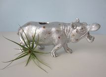 Upcycled Toy Planter - Extra Large Silver And Gold Polka Dot Hippo With Air Plant 4 small