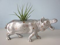 Upcycled Toy Planter - Extra Large Silver And Gold Polka Dot Hippo With Air Plant 5 small