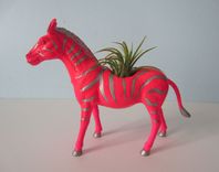 Upcycled Toy Planter - Neon Pink Zebra With Silver Stripes And Air Plant 3 small