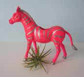 Upcycled Toy Planter - Neon Pink Zebra With Silver Stripes And Air Plant 4 small