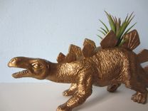 Upcycled Dinosaur Planter - Gold Stegosaurus With Air Plant 2 small