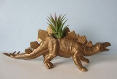 Upcycled Dinosaur Planter - Gold Stegosaurus With Air Plant 3 small