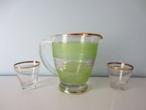 Vintage Bar Set - Green And Gold Striped Pitcher With Matching Gold Striped Glasses 3 small