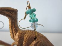 Upcycled Earrings Made From Toy Dinosaurs - Gold Raptors With Aqua Glass Beads 1 small