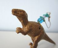 Upcycled Earrings Made From Toy Dinosaurs - Gold Raptors With Aqua Glass Beads 3 small