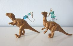 Upcycled Earrings Made From Toy Dinosaurs - Gold Raptors With Aqua Glass Beads 4 small