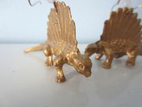 Upcycled Earrings Made From Toy Dinosaurs - Gold Dimetrodons With White Glass Beads 2 small
