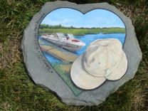 Memories  Painted On Stone, Motor Boat And Fiahing Hat 1 small