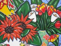 Red Still Life Painting Acrylic On Canvas Country French Sunflowers 2 small