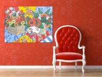 Red Still Life Painting Acrylic On Canvas Country French Sunflowers 1 small