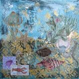 Acrylic Turquoise Mixed Media Painting, Beach Cottage Decor 2 small