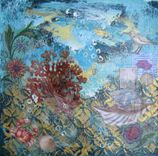 Acrylic Turquoise Mixed Media Painting, Beach Cottage Decor 3 small