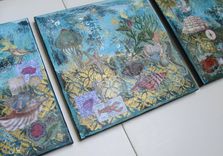 Acrylic Turquoise Mixed Media Painting, Beach Cottage Decor 4 small