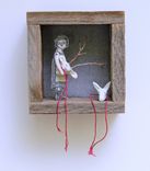 Fiber Art Mixed Media Barnwood Diorama -  Girl With Masks 1 small