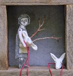 Fiber Art Mixed Media Barnwood Diorama -  Girl With Masks 2 small