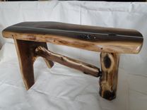 Samurai Black Walnut Slab  Bench With Living Edges And Turquoise Inlay 5 small
