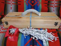 Custom Cedar Feather Box With Four Directions Turquoise Inlay And Deer Antler Handle 4 small