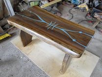 Black Walnut Slab Bench With Free Hand Turquoise Carving And Inlay "Spirit Chaser/Protection" 1 small