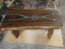 Black Walnut Slab Bench With Free Hand Turquoise Carving And Inlay "Spirit Chaser/Protection" 3 small