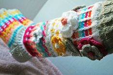 Hand Knit Fair Isle Knee Highs With 3d Flowers Basic Design 5 small