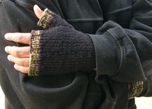 Hand Knit Fingerless Gloves For Men / In Black With Camouflage Trim 1 small