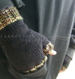 Hand Knit Fingerless Gloves For Men / In Black With Camouflage Trim 2 small