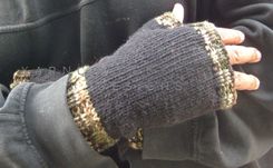 Hand Knit Fingerless Gloves For Men / In Black With Camouflage Trim 3 small