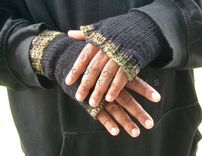Hand Knit Fingerless Gloves For Men / In Black With Camouflage Trim 4 small