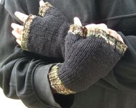 Hand Knit Fingerless Gloves For Men / In Black With Camouflage Trim 5 small