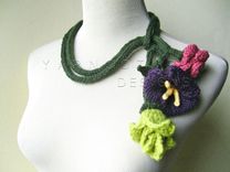 Picking Wildflowers...Freeform Knit Flower Art Necklace / Fiber Art Handmade Wedding 1 small
