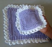 Pretty Hand Knit Deluxe Sponge And Washcloth Set - In Lavender And White/Lace Edge 1 small