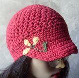 Brimmed Beanie/Newsboy Hat W/Hand Embroidered Flower - Country Red 2 small