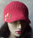 Brimmed Beanie/Newsboy Hat W/Hand Embroidered Flower - Country Red 3 small