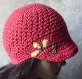Brimmed Beanie/Newsboy Hat W/Hand Embroidered Flower - Country Red 5 small