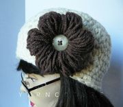 The Chunky Cloche/Beanie/Crochet Hat W/ Crochet Puff Flower,Cream,Spring,Summer,Fall,Winter Fashion 2 small