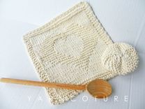 Two Hearts In One Dishtowel Set - Hand Knit Dish Cloth And Scrubbie Set / Choose Red Or Natural 1 small