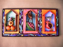 Bird X Three 3-D Ceramic Tile And Mosaic Wall Hanging. 2 small