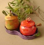 Pear And Pomegranate Sugar Bowl Set, Wheel Thrown Ceramics. 1 small