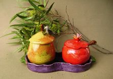 Pear And Pomegranate Sugar Bowl Set, Wheel Thrown Ceramics. 2 small