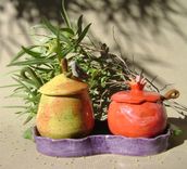 Pear And Pomegranate Sugar Bowl Set, Wheel Thrown Ceramics. 3 small