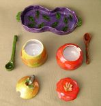 Pear And Pomegranate Sugar Bowl Set, Wheel Thrown Ceramics. 4 small