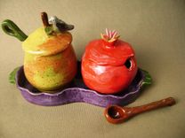 Pear And Pomegranate Sugar Bowl Set, Wheel Thrown Ceramics. 5 small