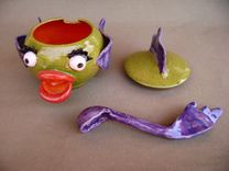 Fish Lips Serving Bowl For Salsa, Sugar, Honey Or Salt With A Fish Tale Ladel 2 small