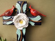Cardinal On A Cross, Handmade Ceramic, 3 Dimensional 1 small