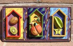Little Houses Of Fruit. Kiwi, Peach, Star Fruit Ceramic Wall Sculpture. 1 small