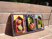 Little Houses Of Fruit. Kiwi, Peach, Star Fruit Ceramic Wall Sculpture. 2 small