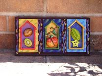 Little Houses Of Fruit. Kiwi, Peach, Star Fruit Ceramic Wall Sculpture. 3 small
