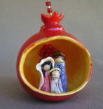 Ceramic Pomegranate Ornament With Nativity Scene, Jesus (As A Boy) Mary And Joseph. 1 small