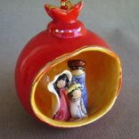Ceramic Pomegranate Ornament With Nativity Scene, Jesus (As A Boy) Mary And Joseph. 2 small